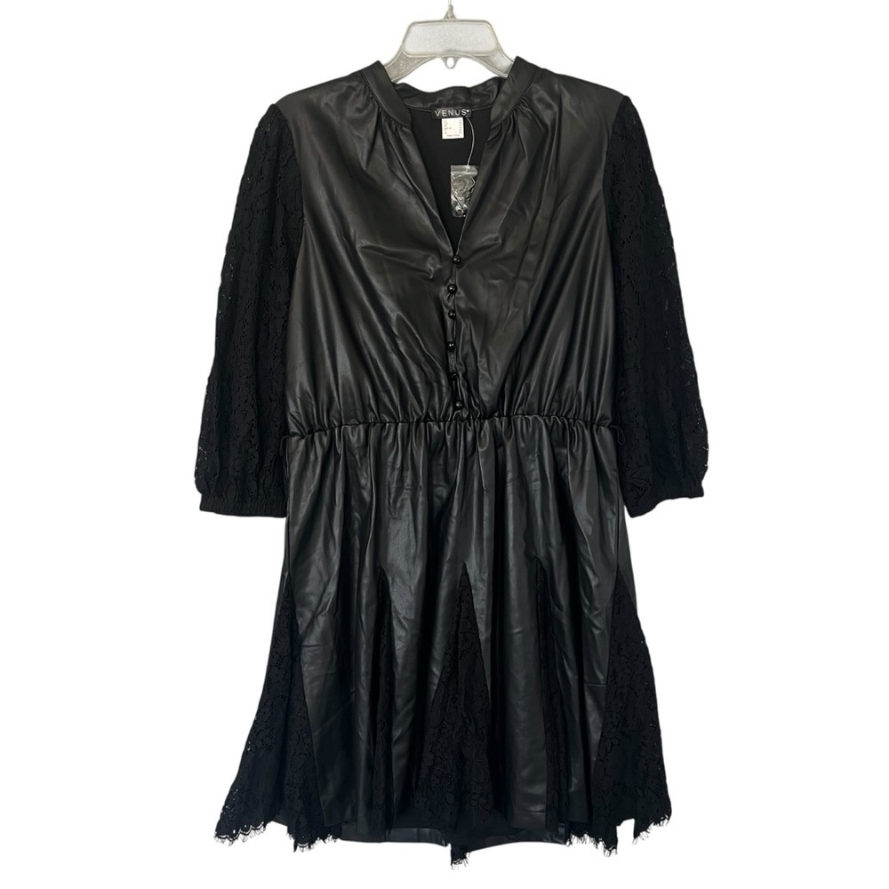 VENUS Faux Leather & Lace Dress Black Size 16 NEW (missing belt tie)